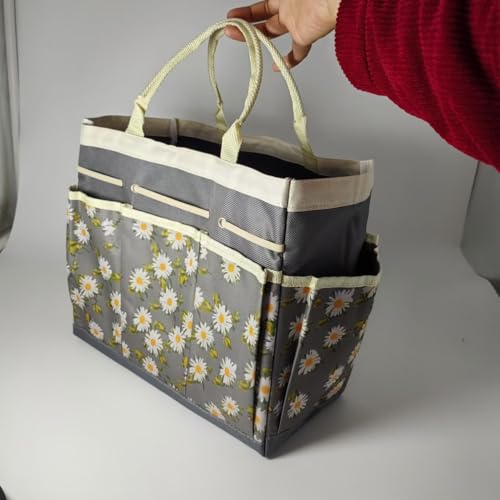 Garden Tool Caddy,Gardening Tote Bag Multi-Pocket,Garden Caddy Garden Bags for Tools Organizer(Daisy Gray Background)