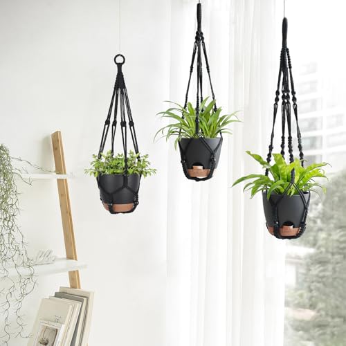 Mkono 3 Pack Hanging Planters for Indoor Plants, Macrame Hangers, 3 Sizes - color: Black