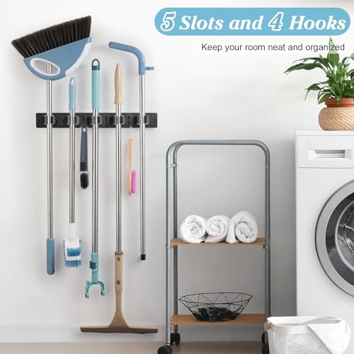 Black Broom Holder Wall Mount - Heavy Duty Wood Mop and Broom Organizer with 5 Slots & 4 Hooks - Sturdy Garden Tool Hanger for Laundry Room Closet Kitchen Garage Storage and Organization - color: Black-5 Slots