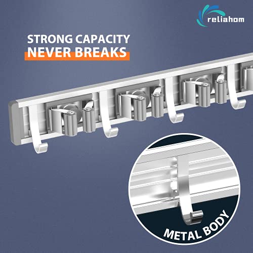 reliahom Broom Holder Wall Mount Mop Hanger Tools organizer 4Racks 5Hooks - color: Silver