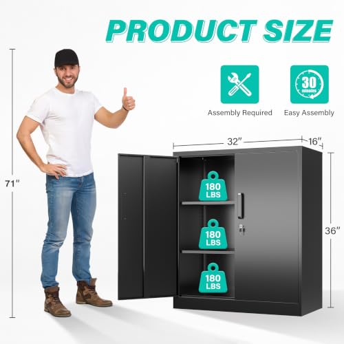 SISESOL 36 inch Metal Storage Cabinet with Doors and Shelves,Small Black Locking Garage Cabinet,Lockable Short Steel Cabinets for Home,Office,Shop,Garage - color: Black, size: 36"H