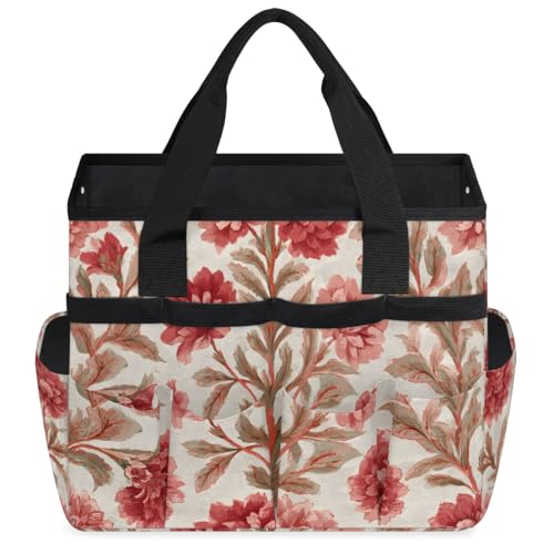 Garden Tote Bag with 10 Pockets Vintage Flowers Heavy Duty Gardening Bags for Tools Organizer Storage Bag with Handle for Garden Lawn Yard Casual - color: Folwer-1