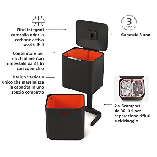 Joseph Joseph Totem Max 60 Liter/15.85 Gallon Waste Separation and Recycling Kitchen Trash Can with Odor Filter and Removable Compost Food Waste Caddy, Black - color: Carbon Black, size: 60L
