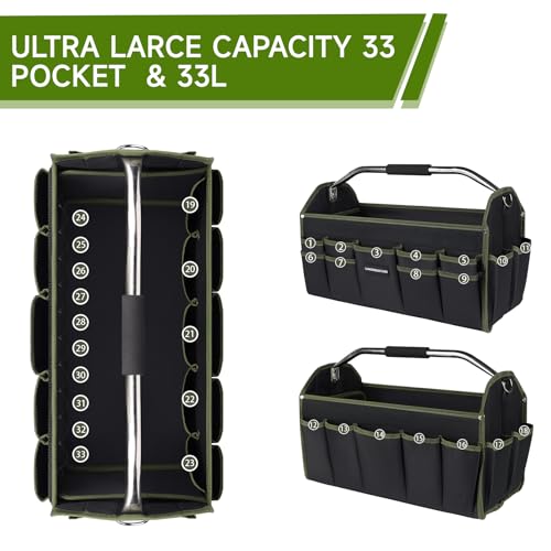 22In Electrician Tool Bag, Foldable Bags For Men Heavy Duty, Open Top Tool Tote, 30 Pockets Can Hold Many fittings, Organizer Stainless Steel Handle and Removable Shoulder Strap - size: 22in