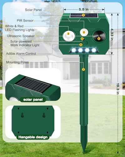 Solar Ultrasonic Animal Repellent Outdoor, 2 Pack Cat Repellent Outdoor Deer Repellent Devices with PIR Motion Sensor & LED Flash, Waterproof Squirrel Repeller, Cat, Raccoons, Rabbits, Deer, Skunk