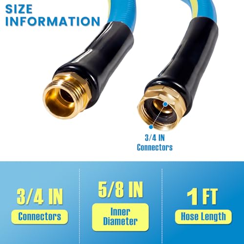 SheeChung Short Garden Hose 1FTx5/8",Leader Hose for Hose Reel Faucet,Short Water Hose Heavy Duty,Flexible RV Rubber Hose with Male to Female Fittings,Hose Extension,3/4"Brass Fittings - color: Blue+Yellow, size: 1ft-Male to female