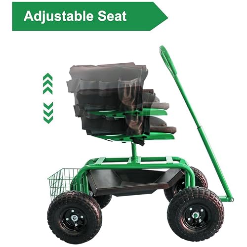 THUNDERBAY Garden Cart Rolling Workseat with Wheels, 360 Degree Swivel Seat, Wagon Scooter with Steering Handle & Utility Tool Tray for Planting, with Storage Basket and Tool Pouch, Green - color: Green