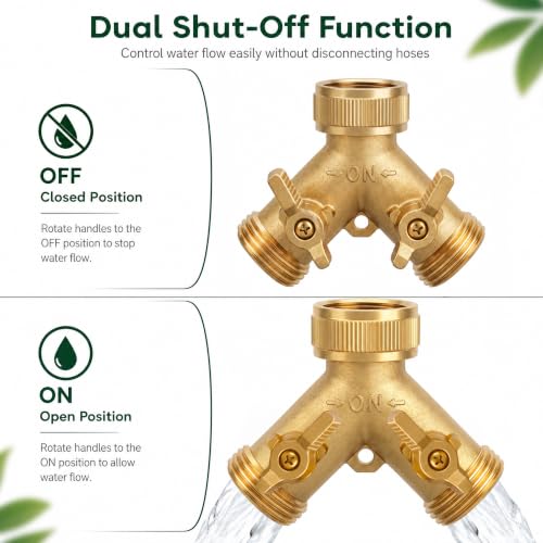 Hourleey Brass Garden Hose Splitter (2 Way), Solid Brass Hose Y Splitter 2 Valves with 2 Extra Rubber Washers (2 PACK) - size: 2 Pack - 2 Way