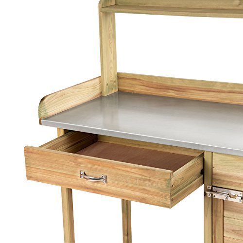 Giantex Potting Bench Table for Outside Natural Wood Garden Plant Lawn Patio Table Storage Shelf Metal Tabletop Outdoor Workstation Flower Pot Bench (Natural Fir w/Cabinet)