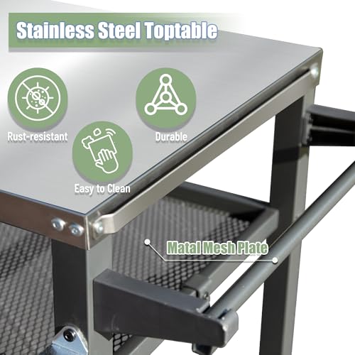 Domi 3-Shelf Outdoor Grill Table, Grill Cart with Wheels, Outdoor Pizza Oven and Food Prep Table, Blackstone with Stainless Steel Tabletop, BBQ Stand for Blackstone Griddle for Outside BBQ - style: Stainless Steel Tabletop+Mesh Shelf
