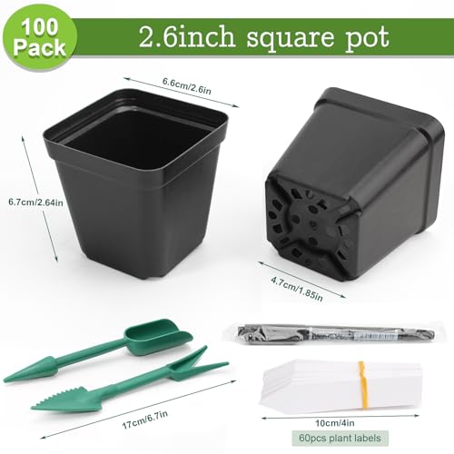 100 Pcs 2.6" Square Nursery Pots for Seeds - Thickened Reusable Plastic Seedling Pots with 60 Plant Labels & Tools - Seed Starter Pots with Drainage for Succulents, Flowers, Cuttings & Greenhouse