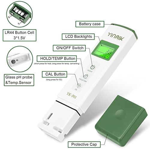 YKMINK YK-P01 pH Tester, Digital pH Meter for Water,pH Temp Meter with ATC - color: Green pH Tester