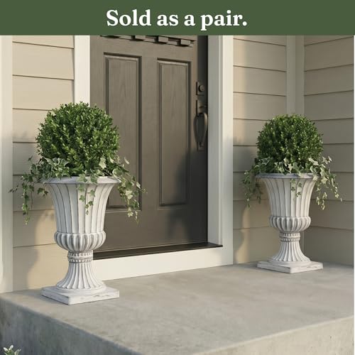 Urn Planters 22", Set of 2, Tall Stone-Resin Pedestal Planters for Outdoor Plants, Large Front Porch Decor, Patio Garden Pots, Outdoor Urns for Entryway, Porch & Deck, White Plant Pot - color: Weathered White