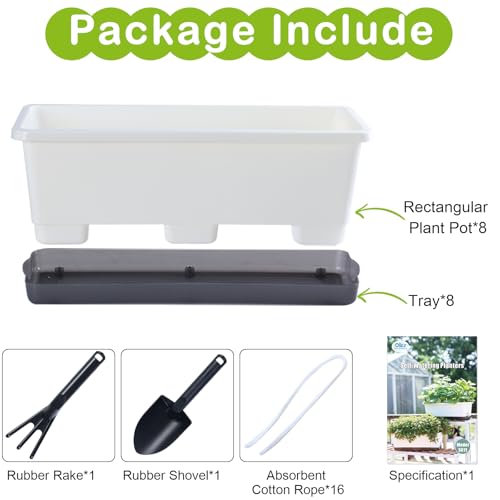 Oliz Window Box Planter 8 Pcs, 17 Inches Rectangle Flower Pots with Drainage Holes & Trays, Vegetable Planters for Windowsill Patio Garden Balcony Home Indoor Outdoor (White, 16 * 7 * 6 inch) - color: White