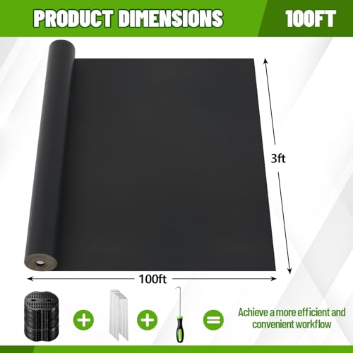 3 x 100 ft Biodegradable Paper Weed Barrier Black Heavy Duty Biodegradable Landscape Fabric with Landscape Staples and Pick Hook Stronger Weed Grass Blocker for Outdoor Garden Lawn - color: Black, size: 3 x 100 ft