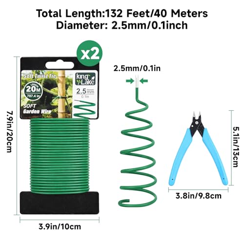 KINGLAKE Green Garden Wire with Pliers - 132 Feet 2.5mm Garden Ties Soft Plant Twist Ties Plant Wire for Climbing Plants Tomatoes Support Vines Vegetables Flowers Indoor & Outdoor Gardening Training - size: 2.5mm x 132ft