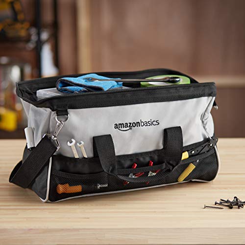 Amazon Basics Durable Wear-Resistant Tool Storage Bag with Adjustable Shoulder Strap,Portable Tool Organizer,16 in,Black & Grey,(Pack of 8) - size: Large Standard Bag (Pack of 8)