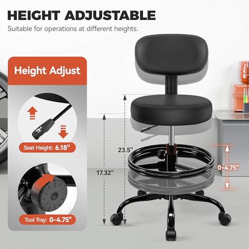 BestGlory Shop Stool with Wheels for Garage, Mechanics Rolling Chair with Backrest, Adjustable Height Heavy Duty Garage Stool with Footrest and Storage Tray, Swivel Task Chair for Workshop Salon - color: Matte Black