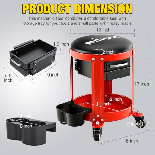 Nilight Rolling Mechanic Stool 300LBS Red Garage Seat with Dual Drawers - color: Black Red 300lbs