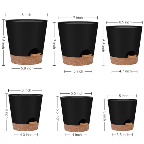 YNNICO Indoor Self Watering Planters with Drainage Holes and Saucers, 8, 7, 6.5, 6, 5.5, 5 Inches, Black, 6 Pots (Pack of 2) - color: Black, size: 8+7+6.5+6+5.5+5 inch (Pack of 2)
