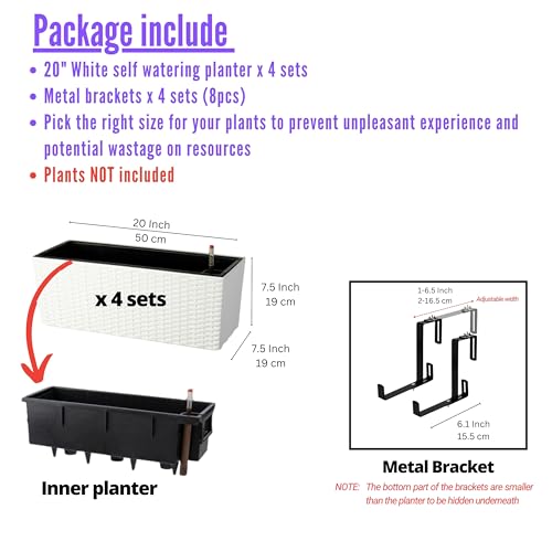 LaLaGreen Deck Railing Planter Box (20 Inch, 4 Pack) White Rectangular Window Flower Boxes with Bracket, Self Watering System Hanging Planter Box for Outdoor Plant Container Herb Rail Fence Balcony - color: White X 4