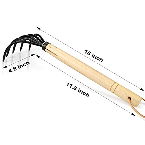 Claw Rake with Mesh Net, 15 Inch Japanese Hand Rake, 5-Tine Ninja Steel Clamming Claws, Long Handled Shell Clam Digger, Dig Seafood Accessories with Flat Cowhide Rope, Lightweight, Sturdy, Compact