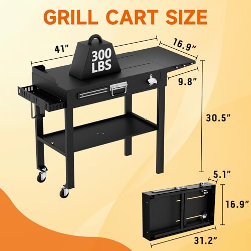Grill Cart, Portable Grill Table for Blackstone Griddle, Foldable Outdoor BBQ Stand with Side Tray & Hooks, Movable Pizza Oven Table for Outdoor Use, Fit 17"/25"/30" Large Space - color: Black