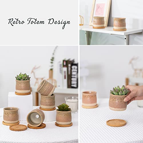 2.75 Inch Mini Ceramic Succulent Plant Pots, Brown Beige, Set of 6
