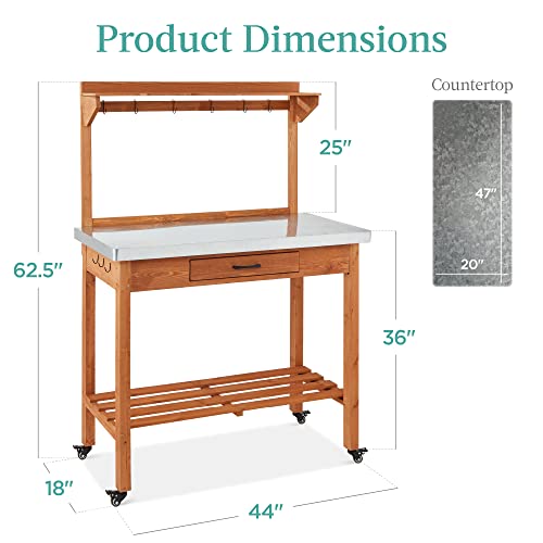 Best Choice Products Mobile Outdoor Table and Storage Cabinet w/Grill Accessory Hooks, 4 Locking Wheels, Stainless Steel Top for Patio Kitchen Island or Bar Cart - Medium Stained Brown