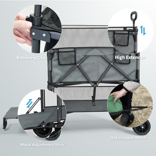 Double Decker Wagon with High Extender & Tailgate - 600L Large Foldable Collapsible Wagon Cart with Big Wheels for Camping, Groceries, Sports(Grey) - color: Gray