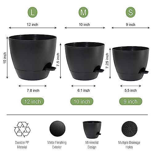 UOUZ Large Self Watering Pots, 12/10/9 Plastic Planters with High Drainage Holes and Deep Reservoir for Indoor Outdoor Garden Plants and Flowers, Black - color: Black