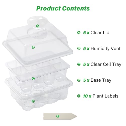 Bonviee 5-Pack Seed Starter Trays, Humidity Dome, Base, 12-Cell Tray, Clear - color: Clear, size: 5 Packs