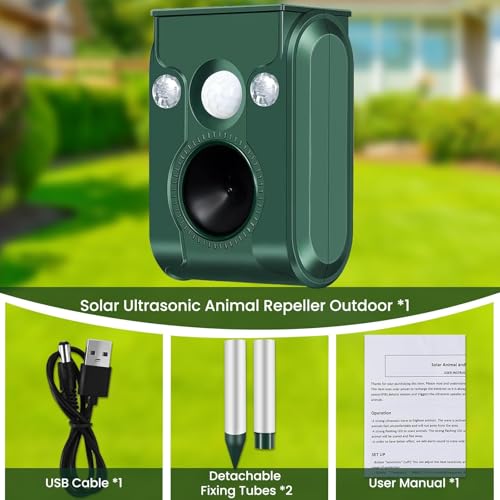 Solar Animal Repeller,5 Modes Ultrasonic & Flashing Light,IP66,Cat Repellent Outdoor for Skunk,Cat,Squirrel,Deer,Snake,Raccoon Deterrent in Yard Garden Farm