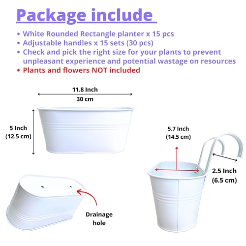 LaLaGreen Rail Planter (11.8 in, 15 Pack) White Metal Porch Fence Pots - size: 11.8" (30 cm) x 15 Pack