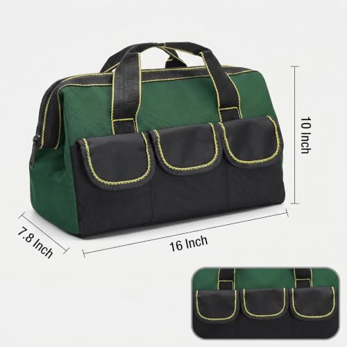 Tool Bags for Men Heavy Duty with Waterproof Hard Bottom Wide Mouth Large Tool Tote Bag Multi Pockets Organizer for Electrician Carpenter Mechanic Dad Gifts (1, Green, 16 Inch) - color: Green, size: 16 Inch