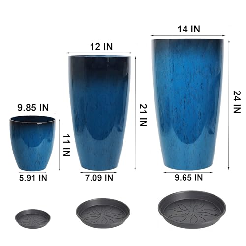 24,21,11 Inch Large Plastic Planters with Drainage Hole and Saucer - Set of 3 Tall Plant Pots Indoor Flower Pot Tall Round Planters Outdoor Large Tall Planter - color: Blue