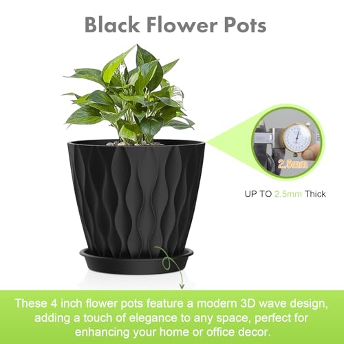 Meowell 4 inch Small Plastic Nursery Pots, Seedling Pots, 5 Set Water Ripples Plant Pots for Indoor Plants, Flower Pots with Drainage Holes and Saucers, Seed Starter Pots for Succulent Plants, Black - color: Black, size: 4 inch 5 pieces