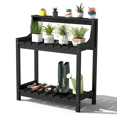 Domi 3-Tier Potting Benches for Outside, HDPE Outdoor Potting Table, Black - color: Black