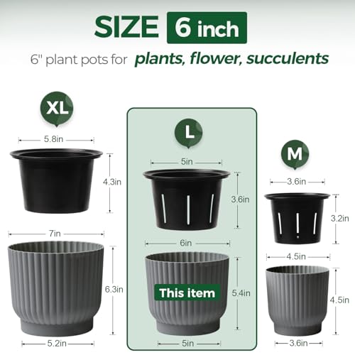 T4U Self Watering Pots for Indoor Plants, 6 Inch 6 Pack Planter Gray - color: Gray, size: 6 Inch