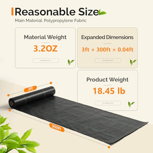 VINGLI 3x300FT Weed Barrier Landscape Fabric, 3.2oz Premium Heavy Duty Weed Blocker Fabric, Garden Cloth Weed Control Mat, Geotextile Fabric, Ground Cover for Gardening, Driveway & Landscaping - size: 3x300FT