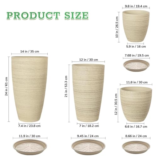 ZMTECH 4 Pack Plastic Planters 24/21/12/10 in, Beige Faux Stone Finish Round Flower Pots with Drainage Holes & Saucers, Large Tall Plant Pots for Indoor Outdoor, Patio Garden Decor, Plant Containers - color: Stone-look Beige-24"/4, size: 24/21/12/10 Inch