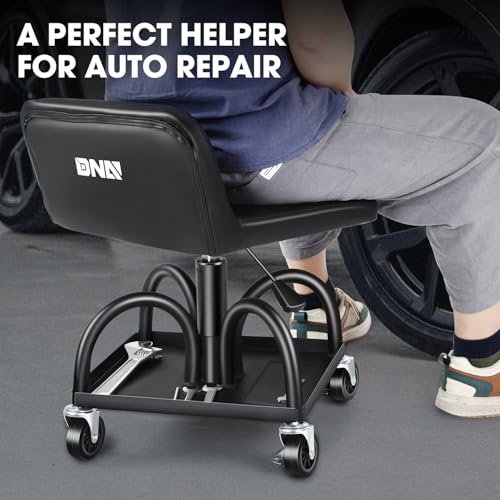 DNA Motoring Rolling Padded Seat Adjustable Height Seat 330lbs Capacity Rolling Mechanic Creeper Stool, W/Tool Storage Drawer & Tray, Black, TOOLS-00600 - style: Square Tray Black