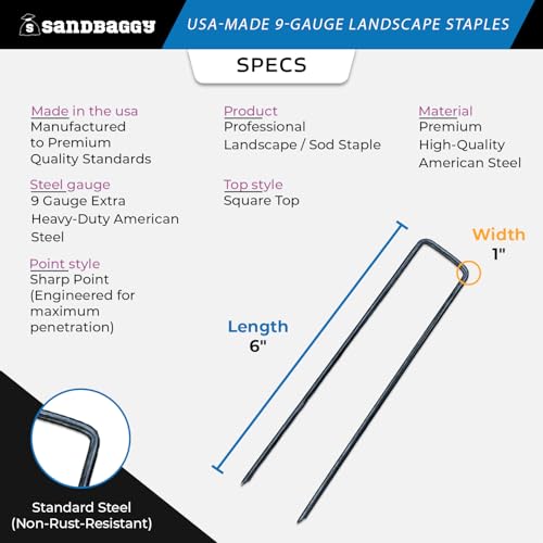 Sandbaggy USA Made 6-inch Landscape Staples - Garden Stakes - Landscaping Fabric, Netting, Sod, Artificial Turf (Heavy Duty, 200)