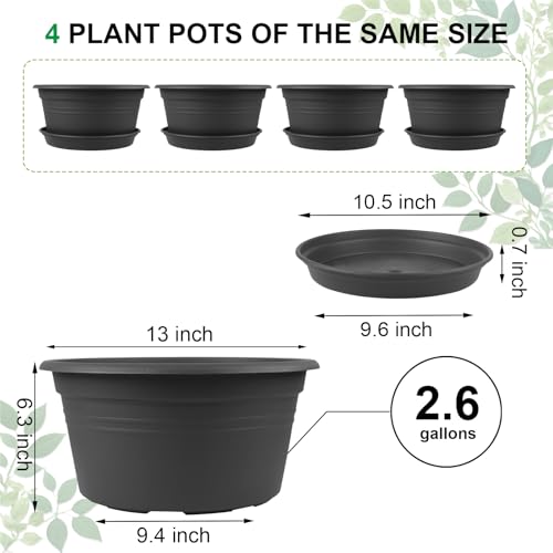 Large Flower Pots Set of 4 Pack 13 inch, Shallow Planter with Drainage Hole - color: Dark Gray, size: 13 Inch - 4Pack