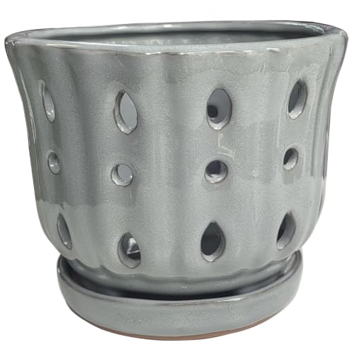Ceramic Orchid Pot with Attached Saucer and Drainage Hole 6'' Gray - color: Gray