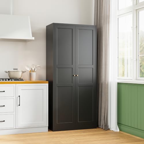 Letaya Black Storage Cabinet with Adjustable Shelves-Metal Home Kitchen Pantry Cabinets with Doors,Organization Locker for Cupboard/Bedroom/Dining/Living/Bathroom/Office/Garage Room - color: Black, size: 16"D x 32"W x 71"H-B