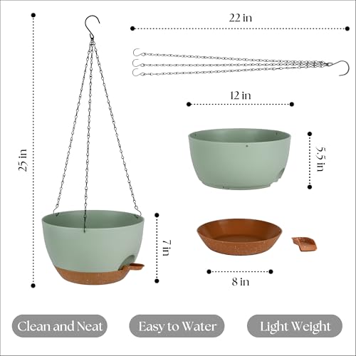 TYMENSH Hanging Plant Pots 12 Inch Set of 2, Self Watering, Drainage Holes, Removable Saucer, Durable Plastic with Chains, Indoor Outdoor, Green - color: Green