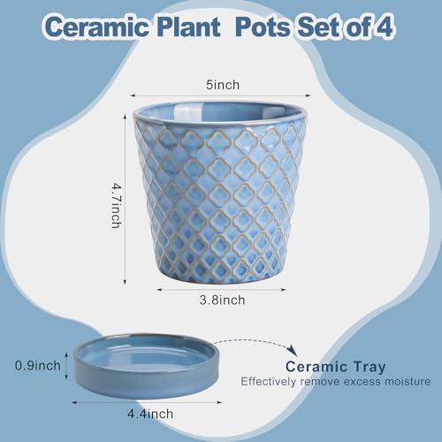 EFISPSS Plant Pots,5 Inch Pots for Indoor Plants,Planters with Drainage Hole and Saucer, Ceramic Flower Pots Desktop Office Windowsill Decoration Gift Set of 4 - Sky Blue - color: Sky Blue