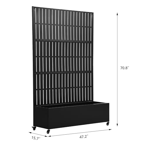 Metal Raised Garden Bed with Trellis and Wheels, 71"x47"x16" Planter Box with Privacy Screen & Drainage Holes, Mobile Outdoor Garden Bed for Climbing Plants, Vegetables, Flowers (Black-Fence) - color: Black-fence, size: 71"x47"x16"
