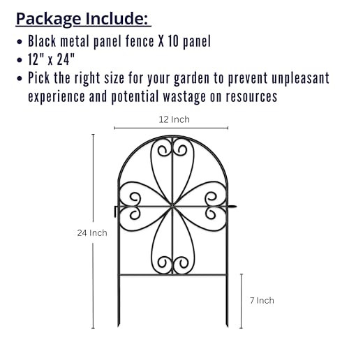 ShopLaLa Decorative Garden Fence Animal Barrier (10 Panels) 12in(L) x 24in(H) Rustproof Decorative Black Metal Wire Fencing Flower Bed Edging for Landscape, Small Dog Fences Patio Yard Outdoor Decor